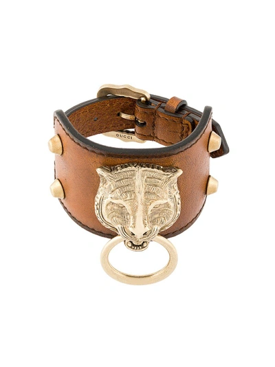 Shop Gucci Leather Bracelet With Feline Head - Brown