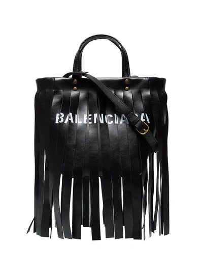 Shop Balenciaga Black Fringed Logo Leather Tote