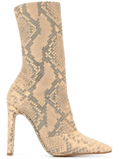 Shop Yeezy Python Printed Chunky Heel Boots  In Nude & Neutrals