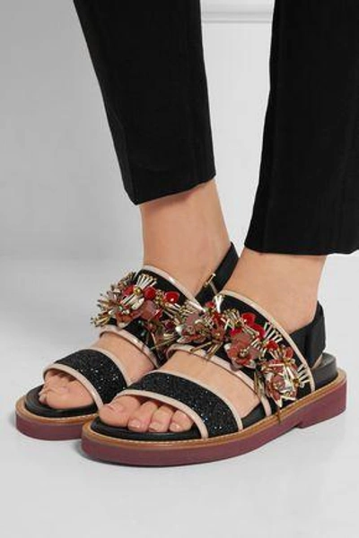 Shop Marni Embellished Suede Sandals In Black