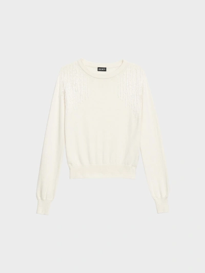 Shop Donna Karan Crew Neck With Beaded Fringe In Ivory