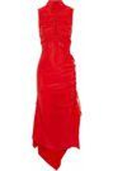 Shop Solace London Woman Palmira Cutout Ruched Silk Crepe De Chine Midi Dress Red