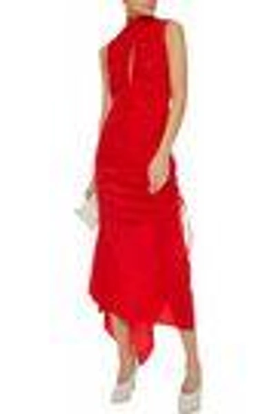 Shop Solace London Woman Palmira Cutout Ruched Silk Crepe De Chine Midi Dress Red