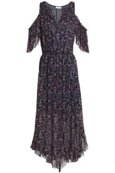 Shop Joie Cold-shoulder Printed Silk-georgette Dress In Navy