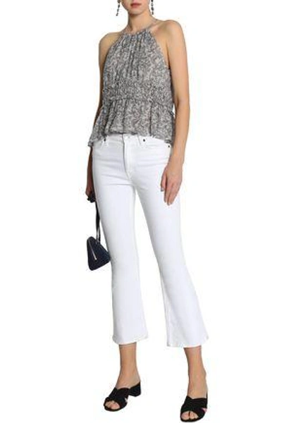 Shop Joie Shawnette Shirred Printed Silk Crepe De Chine Top In Stone