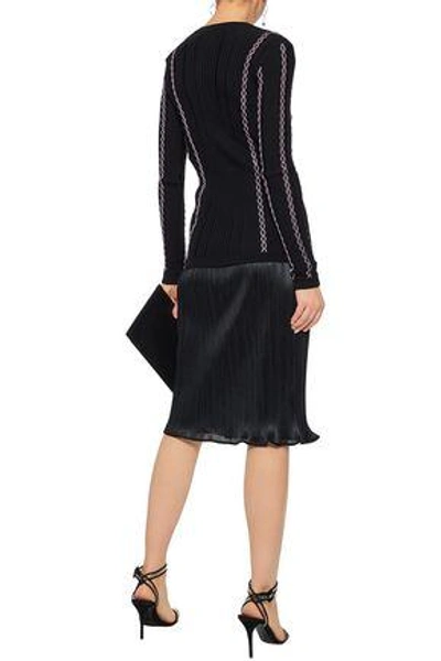 Shop Versace Woman Embroidered Ribbed Wool-blend Cardigan Black