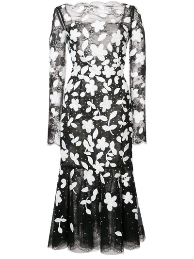 Shop Oscar De La Renta Floral-appliquéd Fluted Midi Dress - Black