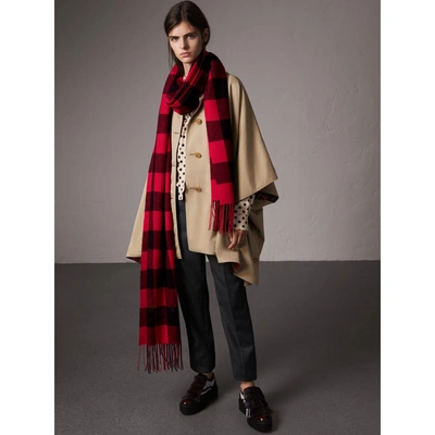Shop Burberry Oversized Gingham Cashmere Wool Scarf In Bright Red
