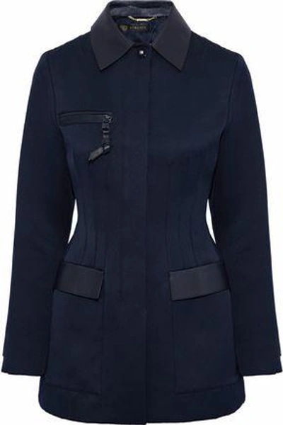 Shop Versace Woman Leather-trimmed Cotton-blend Faille Jacket Navy