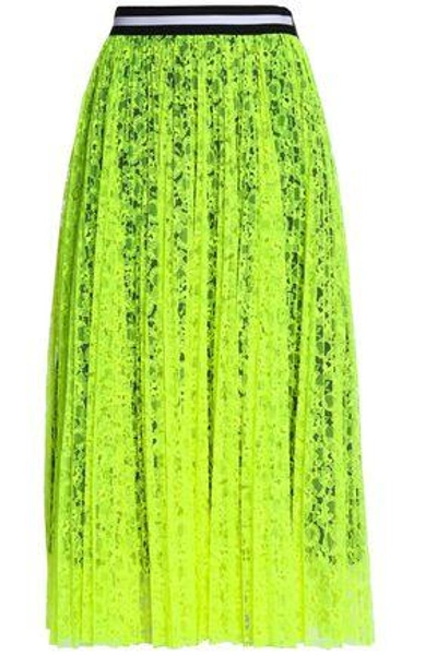 Shop Msgm Woman Pleated Neon Corded Lace Midi Skirt Chartreuse