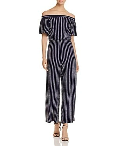 Shop Alison Andrews Striped Off-the-shoulder Jumpsuit In Peacoat/snow White