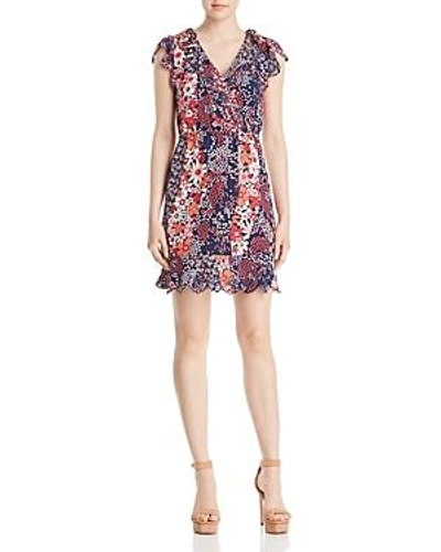 Shop Michael Michael Kors Mixed Floral-print Scalloped Dress In True Navy/ Bright Blush