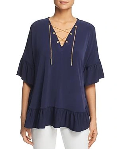 Shop Michael Michael Kors Ruffle-trimmed Chain Lace-up Top In True Navy