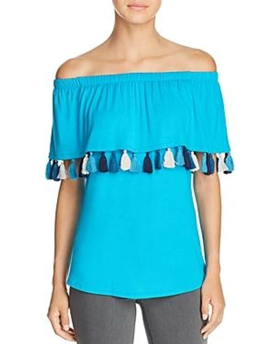 Shop Kim & Cami Tassel-trimmed Off-the-shoulder Top In Blue