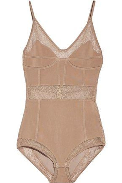 Shop Balmain Woman Lace-paneled Ponte Bodysuit Beige