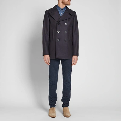 Shop Saint Laurent Wool Pea Coat In Blue