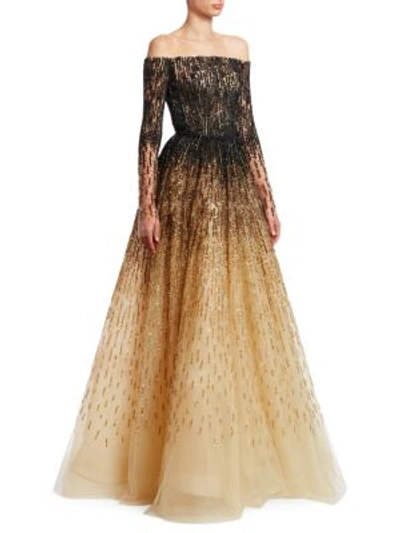 Shop Pamella Roland Sequin & Crystal Embroidered Ombre Ballgown In Black-gold