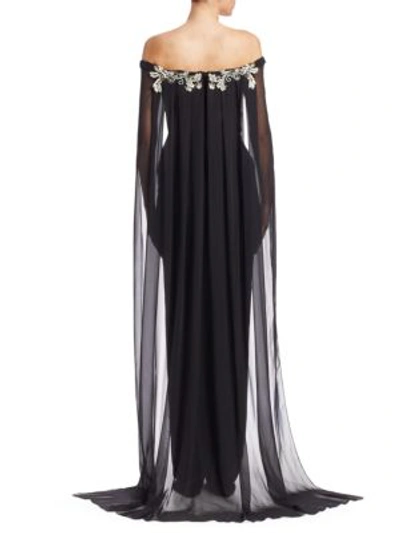 Shop Pamella Roland Stretch Crepe Off-the-shoulder Cape Gown In Black