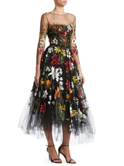 Shop Oscar De La Renta Illusion Tulle Floral A-line Dress In Black