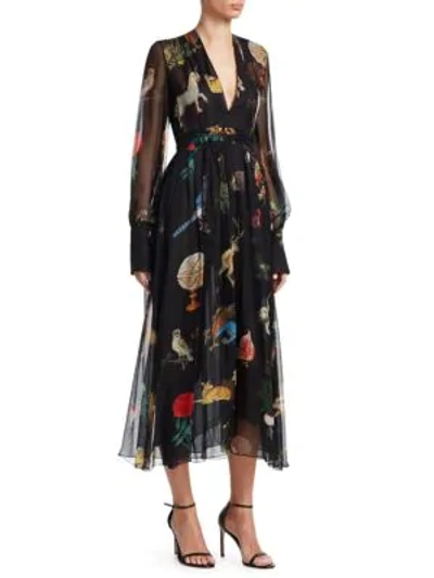 Shop Oscar De La Renta Enchanted Floral-print Silk Midi Dress In Black Multi