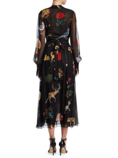 Shop Oscar De La Renta Enchanted Floral-print Silk Midi Dress In Black Multi
