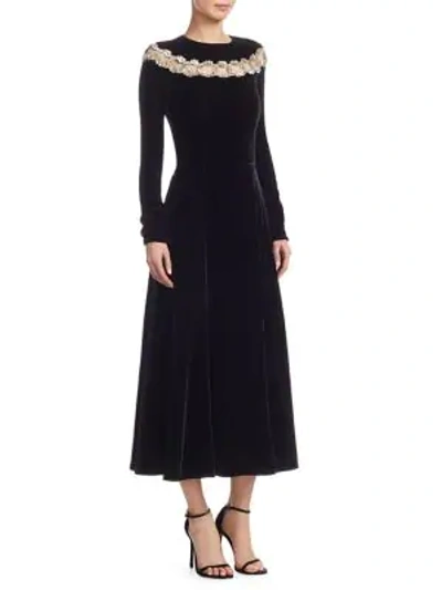 Shop Oscar De La Renta Chain-embroidered Velvet A-line Dress In Black