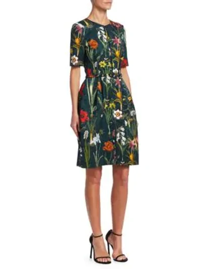 Shop Oscar De La Renta Short Sleeve Floral Jacquard A-line Dress In Dark Green
