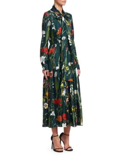 Shop Oscar De La Renta Floral-print Wrap Midi Dress In Dark Green