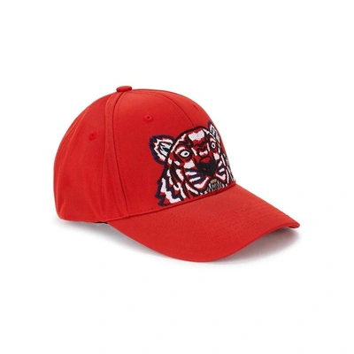 Shop Kenzo Tiger-embroidered Cotton Twill Cap In Red