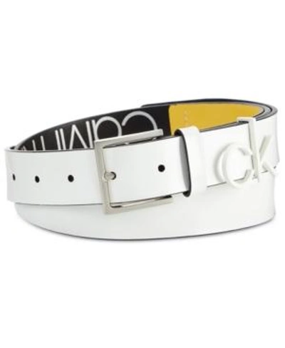 Shop Calvin Klein Ck Leather Belt In White W/ Brushed Nickle
