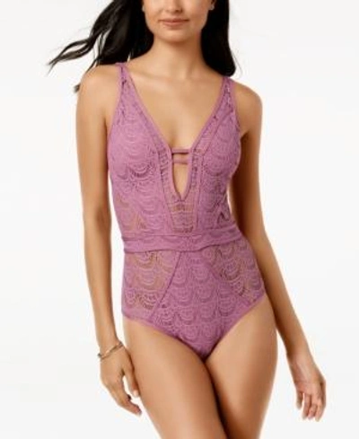Shop Becca Crochet Deep-v One-piece Swimsuit Women's Swimsuit In Mauve Pink