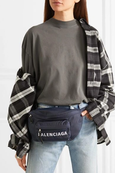 Shop Balenciaga Wheel Embroidered Shell Belt Bag In Navy