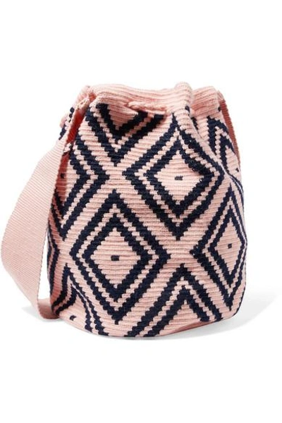 Shop Sophie Anderson Lila Pompom-embellished Woven Bucket Bag In Pink