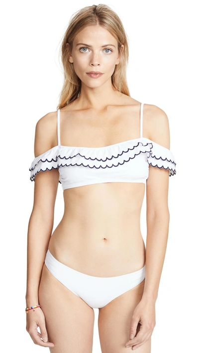 Shop Kisuii Issa Off Shoulder Bikini Top In White/navy