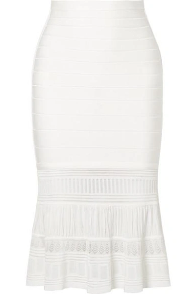 Shop Herve Leger Textured Knit-paneled Bandage Skirt In White