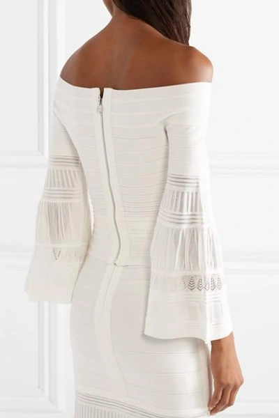 Shop Herve Leger Off-the-shoulder Textured Knit-paneled Bandage Top In White