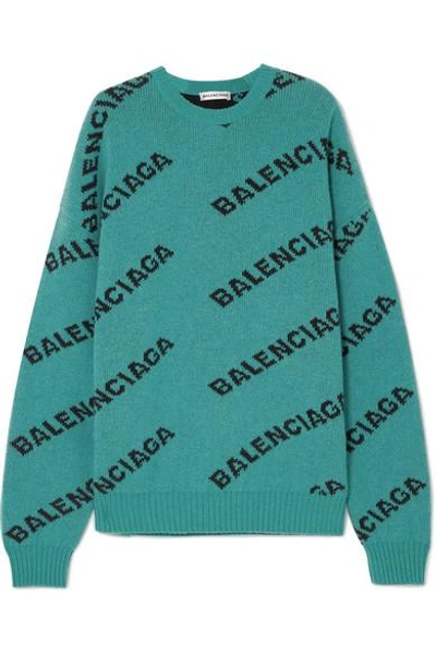 Shop Balenciaga Oversized Intarsia Wool-blend Sweater In Turquoise