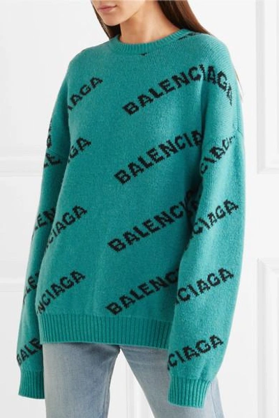 Shop Balenciaga Oversized Intarsia Wool-blend Sweater In Turquoise