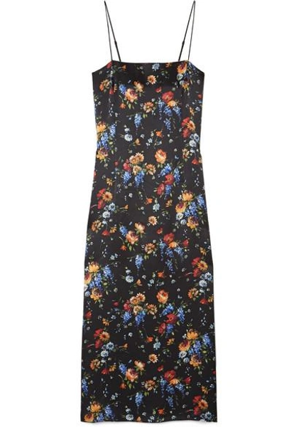 Shop Adam Lippes Floral-print Hammered Silk-crepe Midi Dress In Black