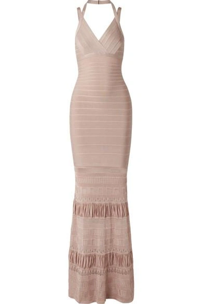 Shop Herve Leger Textured Knit-paneled Bandage Gown In Taupe
