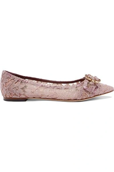 Shop Dolce & Gabbana Crystal-embellished Corded Lace Point-toe Flats In Lilac