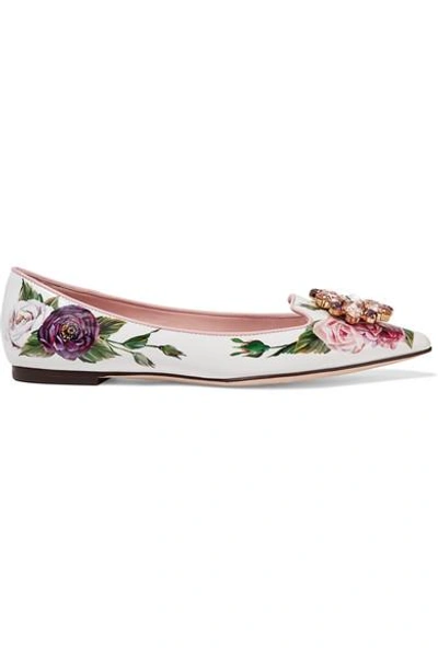 Shop Dolce & Gabbana Embellished Floral-print Patent-leather Point-toe Flats In White