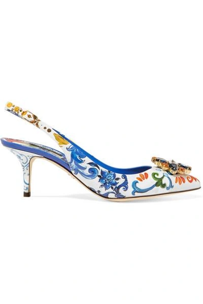 Shop Dolce & Gabbana Crystal-embellished Floral-print Patent-leather Slingback Pumps In Blue