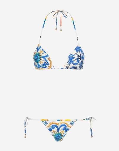 Shop Dolce & Gabbana Printed Bikini With Triangle Bikini Top In Majolica Print