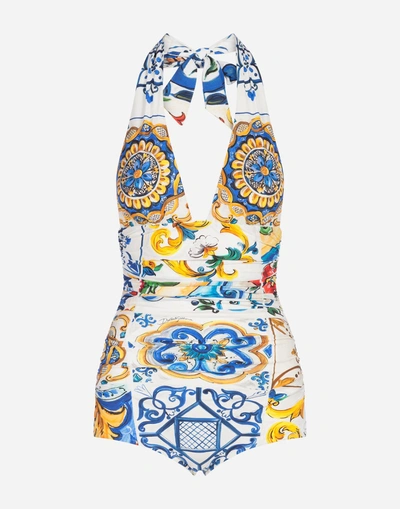 Shop Dolce & Gabbana Printed One-piece Swimsuit In Majolica Print