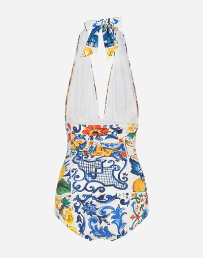 Shop Dolce & Gabbana Printed One-piece Swimsuit In Majolica Print