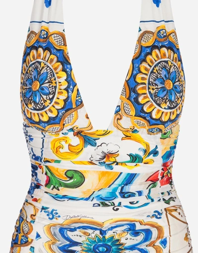 Shop Dolce & Gabbana Printed One-piece Swimsuit In Majolica Print