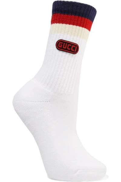 Shop Gucci Appliquéd Striped Ribbed Cotton-blend Socks