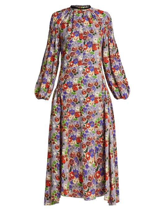 Prada Lace-Trimmed Shirred Floral-Print Silk-Crepe Midi Dress In Lilac ...
