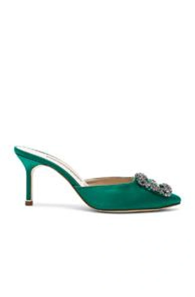 Manolo Blahnik Hangisimu 70 Satin Mules With Fmc Crystal Buckle In Green Satin